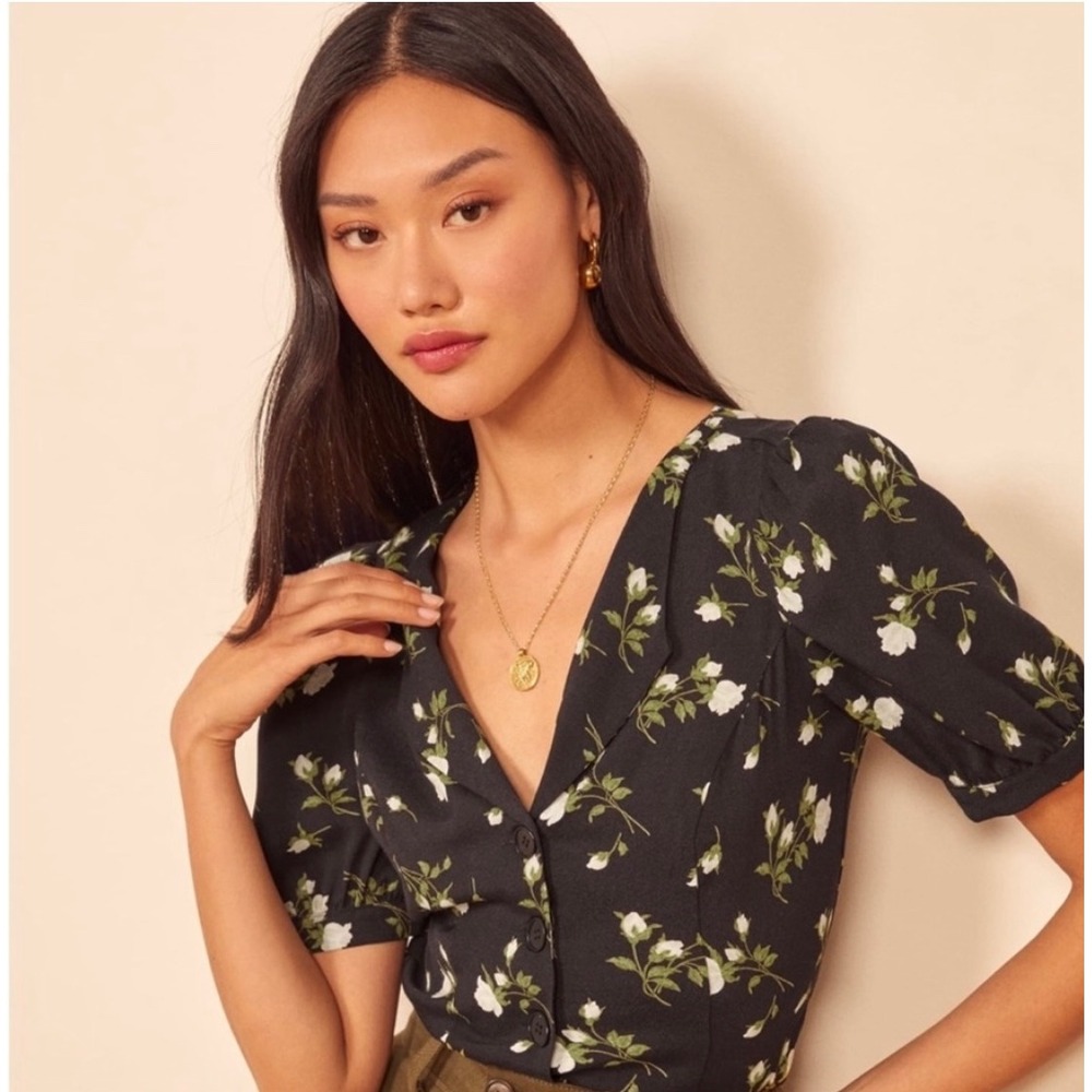 Reformation Monaco Top S Rosalee Black Floral Puff Sleeve Boho Office